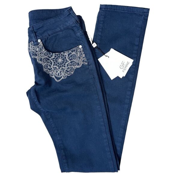 GF Ferré Blue jeans Low Waist Skinny Leg Embroidery Silver Metallic Decor Sz25. - Picture 8 of 10